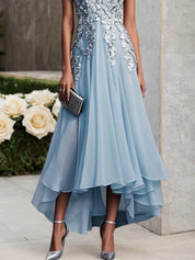 Light Blue Prom Lace Asymmetric Chiffon V Neck Sleeveless A-Line Maxi Dress