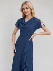 Navy Blue Chiffon A Line V Neck Asymmetrical Bridesmaid Dress With Ruffle