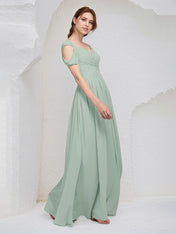 Sage Chiffon A Line V Neck Sleeveless Floor Length Pleated Bridesmaid Dress