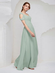 Sage Chiffon A Line V Neck Sleeveless Floor Length Pleated Bridesmaid Dress