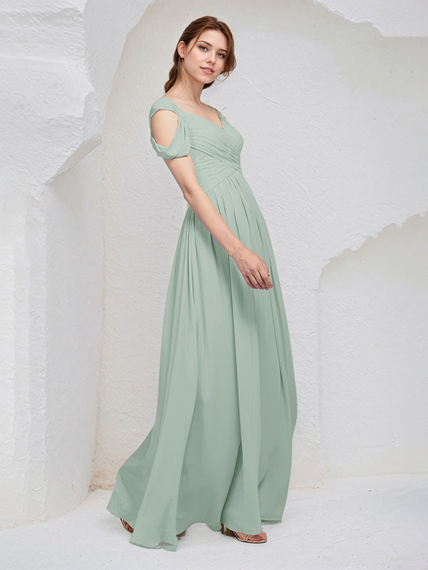 Sage Chiffon A Line V Neck Sleeveless Floor Length Pleated Bridesmaid Dress