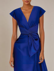 Navy Blue Satin V Neck Short Sleeveless Ankle Length Dress