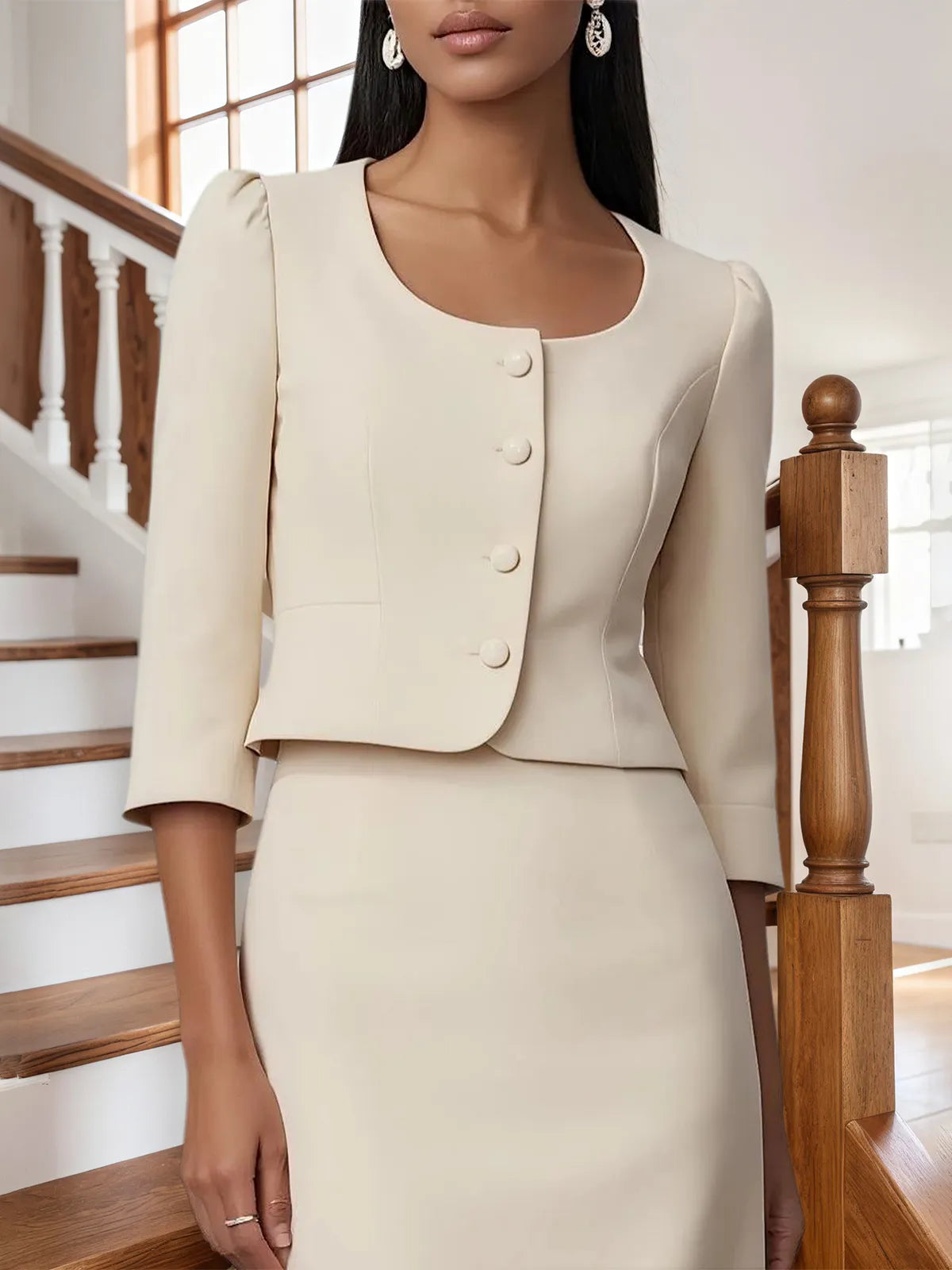 Women Beige Buckle U-Neck Half Sleeve Dressy Coat With Skirt Two-Piece Set