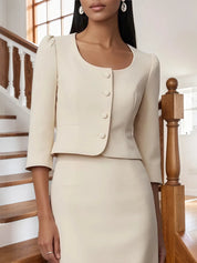 Women Beige Buckle U-Neck Half Sleeve Dressy Coat With Skirt Two-Piece Set