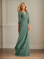 A Line V Neck 3/4 Sleeves Floor-Length Chiffon Dress With Pleated