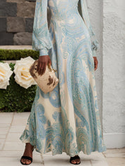 Light Blue Paisley Chiffon Crew Neck Long Sleeve Balloon Sleeve A-Line Maxi Dress