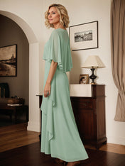 A Line Sage Chiffon Scoop Neck Cape Sleeves Floor Length Dress