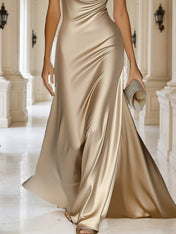 Elegant and Luxurious Cowl-neck Champagne Gold Satin Maxi Dress