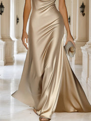 Elegant and Luxurious Cowl-neck Champagne Gold Satin Maxi Dress