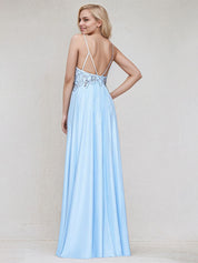 Sky Blue Satin Spaghetti Straps Sleeveless Floor Length Bridesmaid Dress With Beadings