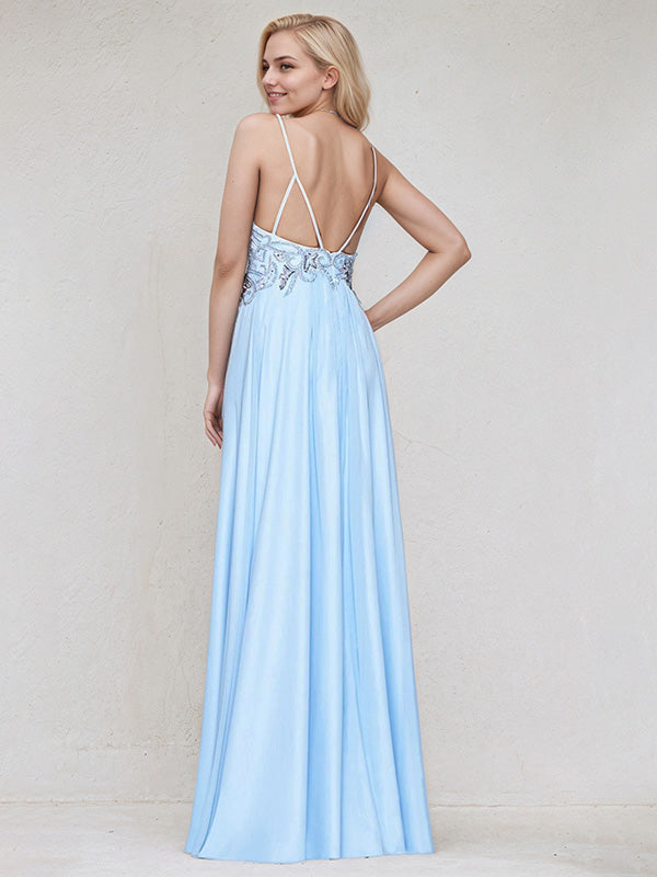 Sky Blue Satin Spaghetti Straps Sleeveless Floor Length Bridesmaid Dress With Beadings