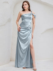 Ice Blue Satin A Line One Shoulder Sleeveless Floor Length Bridesmaid Dress