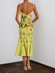 Yellow Floral Applique Spaghetti Mermaid Midi Dress