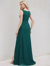 Peacock Chiffon A Line Scoop Neck Sleeveless Floor Length Bridesmaid Dress With Ruffle