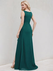 Peacock Chiffon A Line Scoop Neck Sleeveless Floor Length Bridesmaid Dress With Ruffle