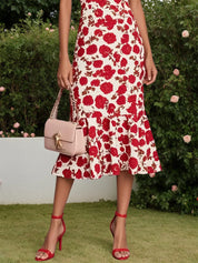 Red Floral Sweetheart Neckline Mermaid Midi Dress
