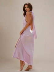 Lilac Chiffon Sheath/Column Halter Neck Sleeveless Floor Length Bridesmaid Dresses