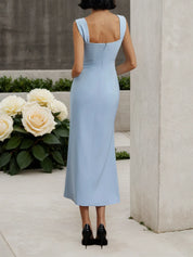 Light Blue Bow Lace Sweetheart Neckline Sleeveless Mermaid Midi Dress