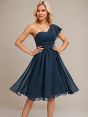 Dark Navy A-Line One Shoulder Knee-Length Chiffon Bridesmaid Dress With Ruffle