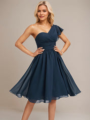 Dark Navy A-Line One Shoulder Knee-Length Chiffon Bridesmaid Dress With Ruffle