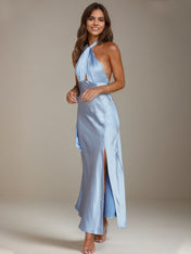 Blue Satin Sheath/Column Halter Neck Ankle Length Bridesmaid Dresses