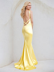 Yellow Satin Trumpet/Mermaid V Neck Sleeveless Floor Length Bridesmaid Dress