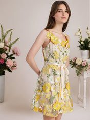 3D Floral Embroidery Tulle V-Neck Lace Mesh Homecoming Mini Dress