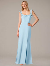 Sheath/Column Chiffon Off The Shoulder Sleeveless Floor Length Dresses With Ruffles
