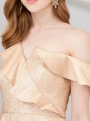 Champagne Sheath/Column Satin One Shoulder Sleeveless Ankle Length Dress With Slit