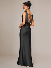 Black Satin Sheath/Column Cowl Neckline Sleeveless Floor-Length Bridesmaid Dress