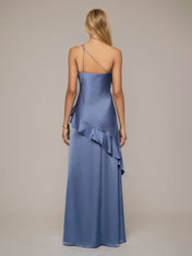 Slate Blue Sheath/Column Satin Asymmetrical Sleeveless Floor Length Dresses With Ruffles