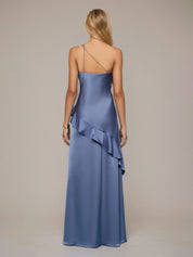 Slate Blue Sheath/Column Satin Asymmetrical Sleeveless Floor Length Dresses With Ruffles
