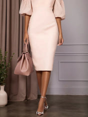 Pink Lace Classic Crew Neck Short Sleeve Balloon Sleeve Sheath Midi Dress