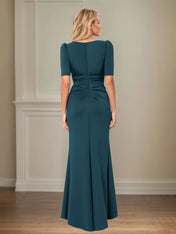 Trumpet/Mermaid Scoop Neck Short Sleeve Floor Length Stretch Crepe Mother of the Bride Dress With Ruffles