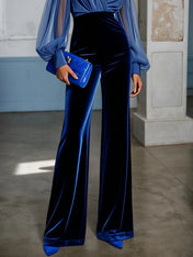Royal Blue V Neck Mesh Long Sleeve Velvet Jumpsuit