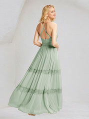 Sage A Line Chiffon V Neck Sleeveless Floor Length Bridesmaid Dresses