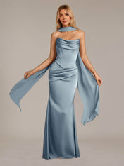 Dusty Blue Sheath/Column Satin Off The Shoulder Sleeveless Floor Length Dress