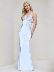Sky Blue Satin Trumpet/Mermaid Spaghetti Straps Sleeveless Floor Length Bridesmaid Dress