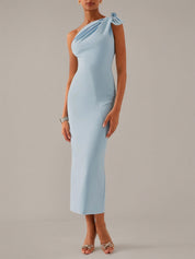 Blue Sheath/Column Stretch Crepe One Shoulder Sleeveless Ankle Length Dresses