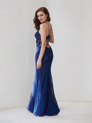Navy Blue Tulle Trumpet/Mermaid Spaghetti Straps Sleeveless Floor Length Bridesmaid Dress