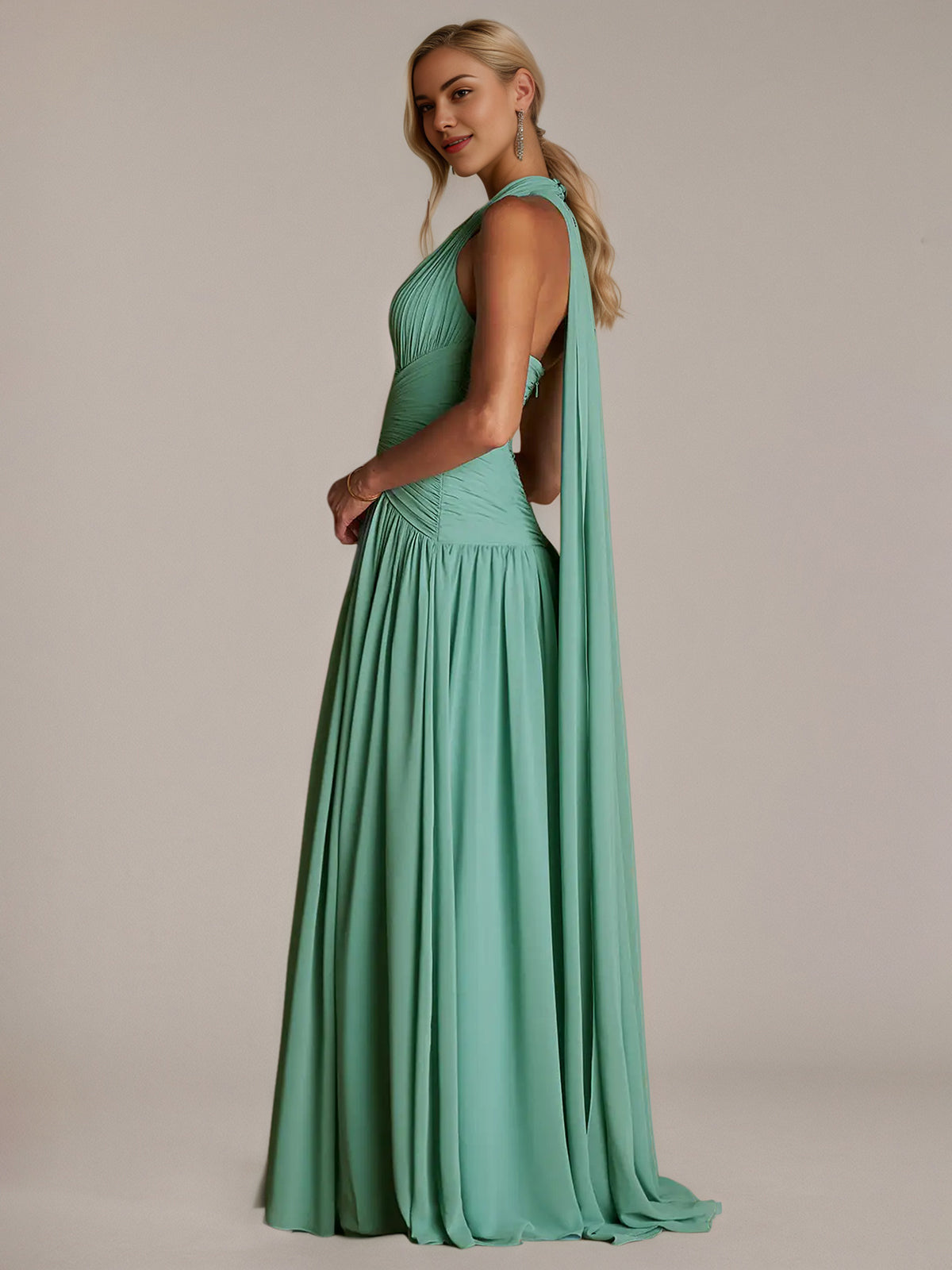 Green A Line Chiffon Halter Neck Sleeveless Floor Length Dresses