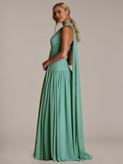 Green A Line Chiffon Halter Neck Sleeveless Floor Length Dresses