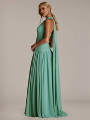 Green A Line Chiffon Halter Neck Sleeveless Floor Length Dresses