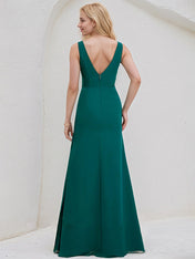 Peacock Chiffon A Line V Neck Sleeveless Floor Length Bridesmaid Dress With Ruffle