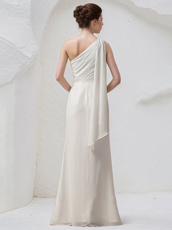 Ivory Chiffon Sheath/Column One Shoulder Sleeveless Floor Length Bridesmaid Dress