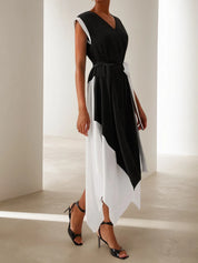 Black V Neck Short Sleeve Tie Waist A-line Midi Dress