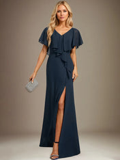 Trumpet/Mermaid V-Neck Floor-Length Chiffon Dress With Cascading Ruffles