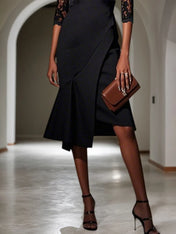 Black Lace Sweetheart Neckline Half Sleeve A-Line Midi Dress