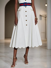 White Buckle Classic Crew Neck Sleeveless A-Line Midi Dress