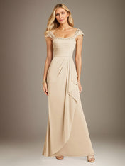 Champagne Sheath/Column Chiffon Square Neck Short Sleeves Floor Length Dress